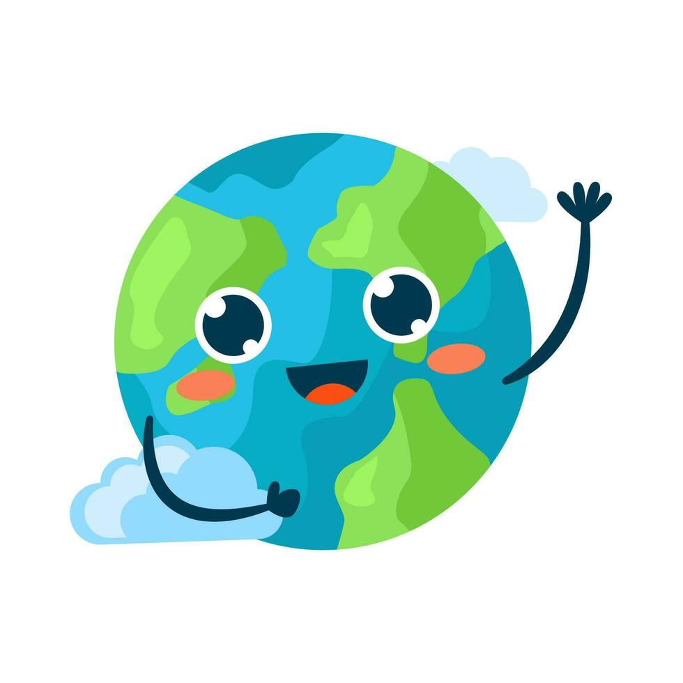 Kawaii drawing of the Planet Earth among the clouds waving his hands. Earth Day for Environmental Protection. Save the planet. vector