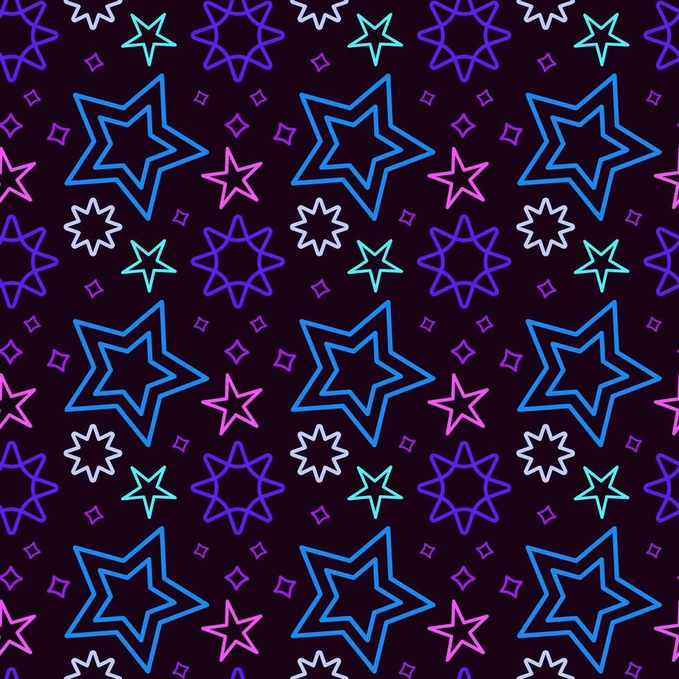 Vector seamless blue galaxy pattern with stars. Dark space background with bright colored stars for fabric, paper and design.