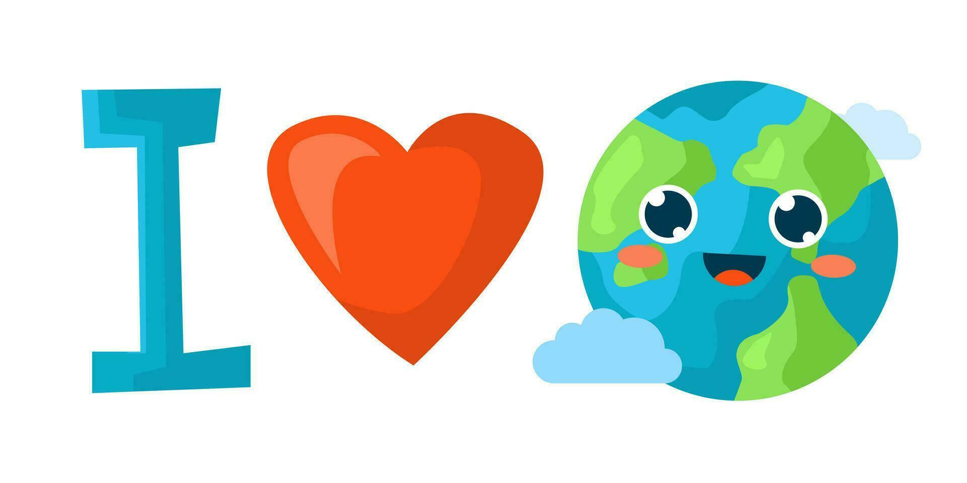 Kawaii drawing of planet Earth with text and heart. Poster design. Earth Day in Defense of the Environment. Save the planet. vector
