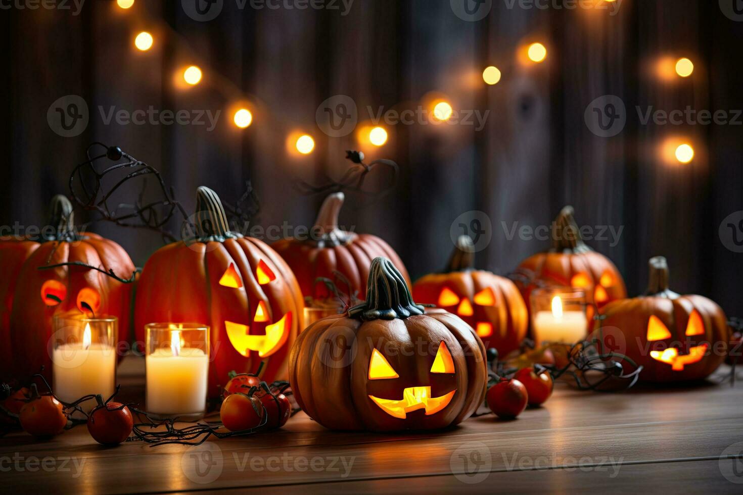 Generative AI, Halloween theme, Jack O' Lanterns with candles and string lights on wooden table in scary halloween night. photo