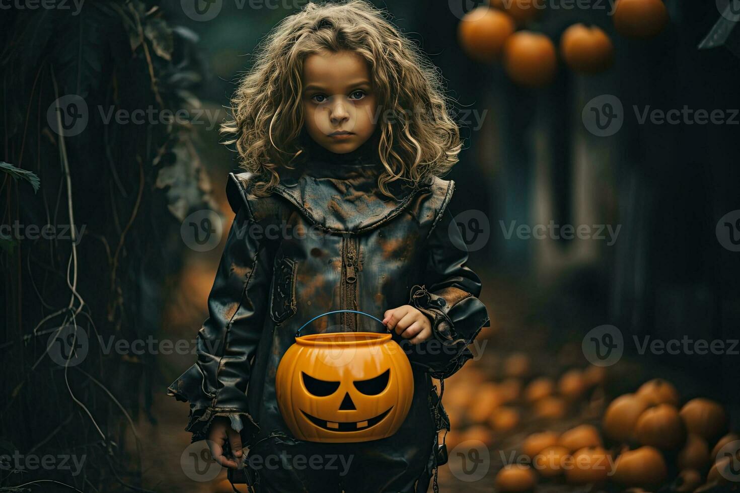 Generative AI, Halloween kids in costumes outdoor. Happy halloween card. Autumn holiday fun. Funny children party expression. photo