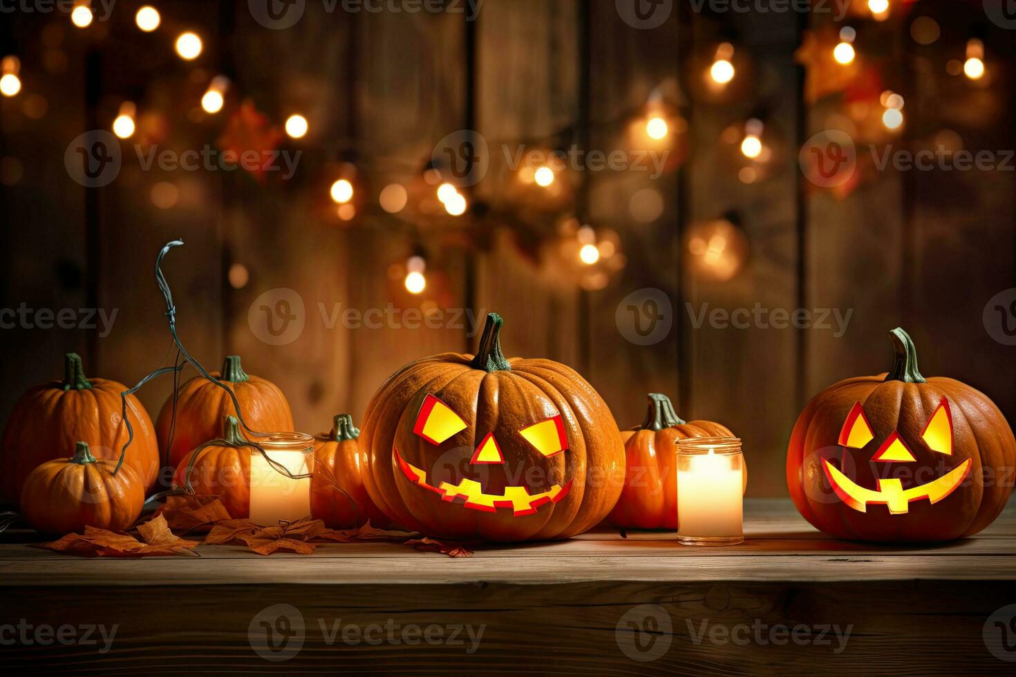 Generative AI, Halloween theme, Jack O' Lanterns with candles and string lights on wooden table in scary halloween night. photo