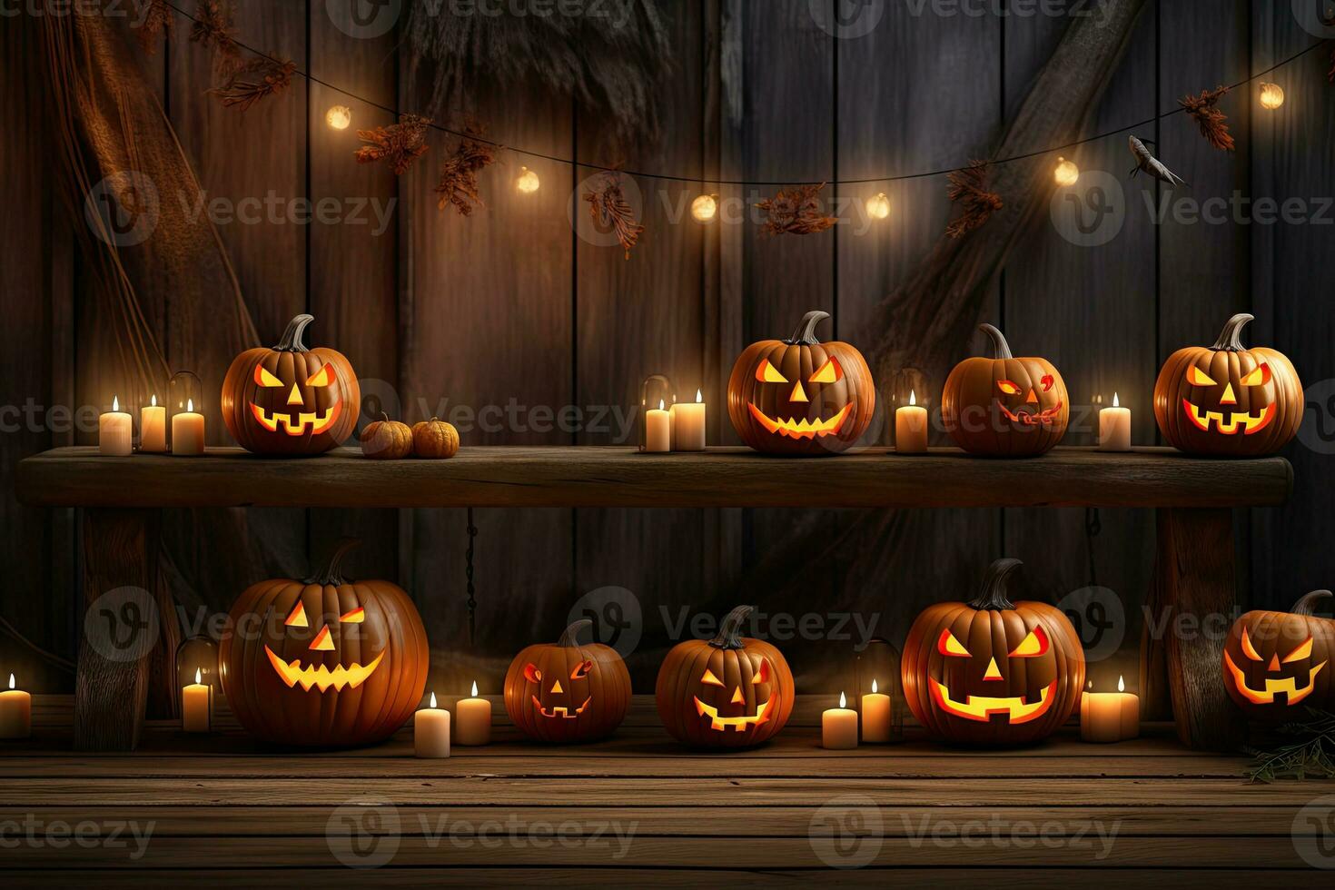 Generative AI, Halloween theme, Jack O' Lanterns with candles and string lights on wooden table in scary halloween night. photo