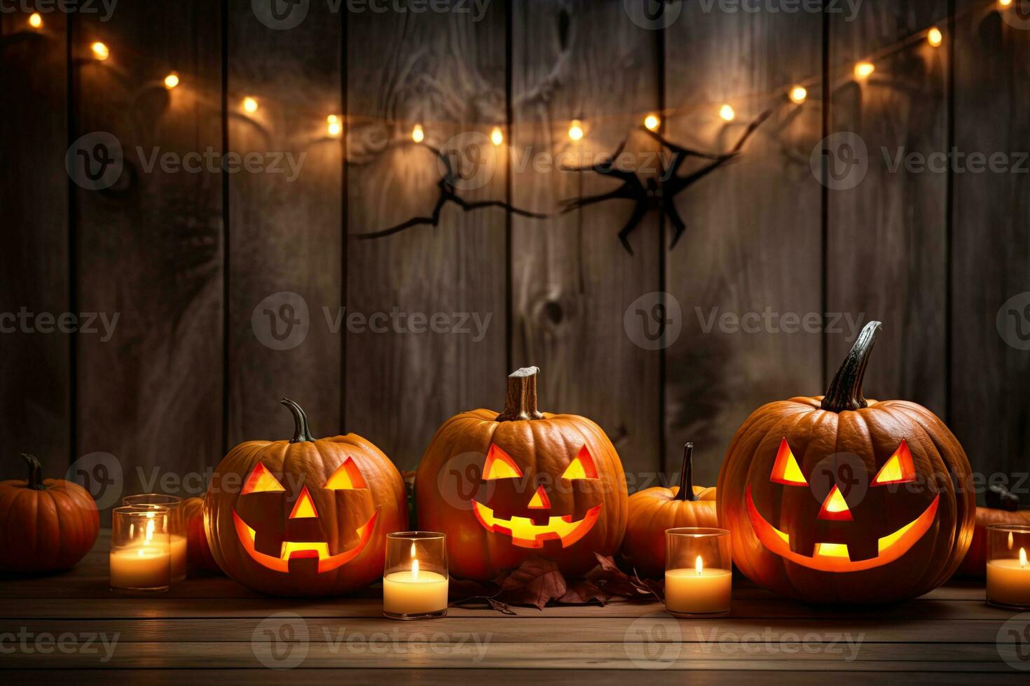 Generative AI, Halloween theme, Jack O' Lanterns with candles and string lights on wooden table in scary halloween night. photo