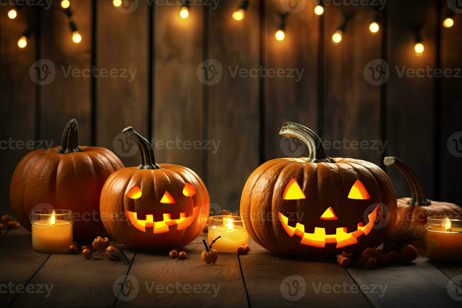 Generative AI, Halloween theme, Jack O' Lanterns with candles and string lights on wooden table in scary halloween night. photo
