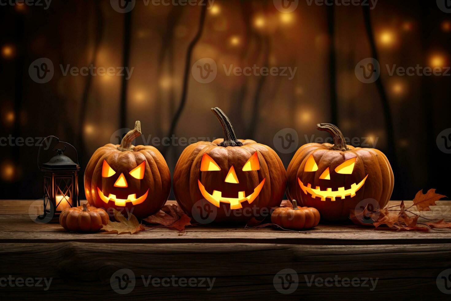 Generative AI, Halloween theme, Jack O' Lanterns with candles and string lights on wooden table in scary halloween night. photo