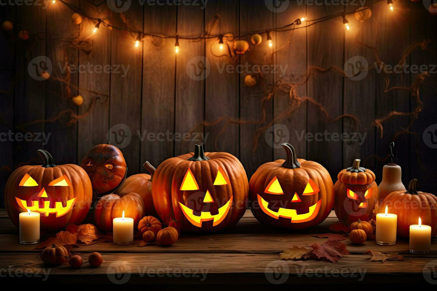 Generative AI, Halloween theme, Jack O' Lanterns with candles and string lights on wooden table in scary halloween night. photo