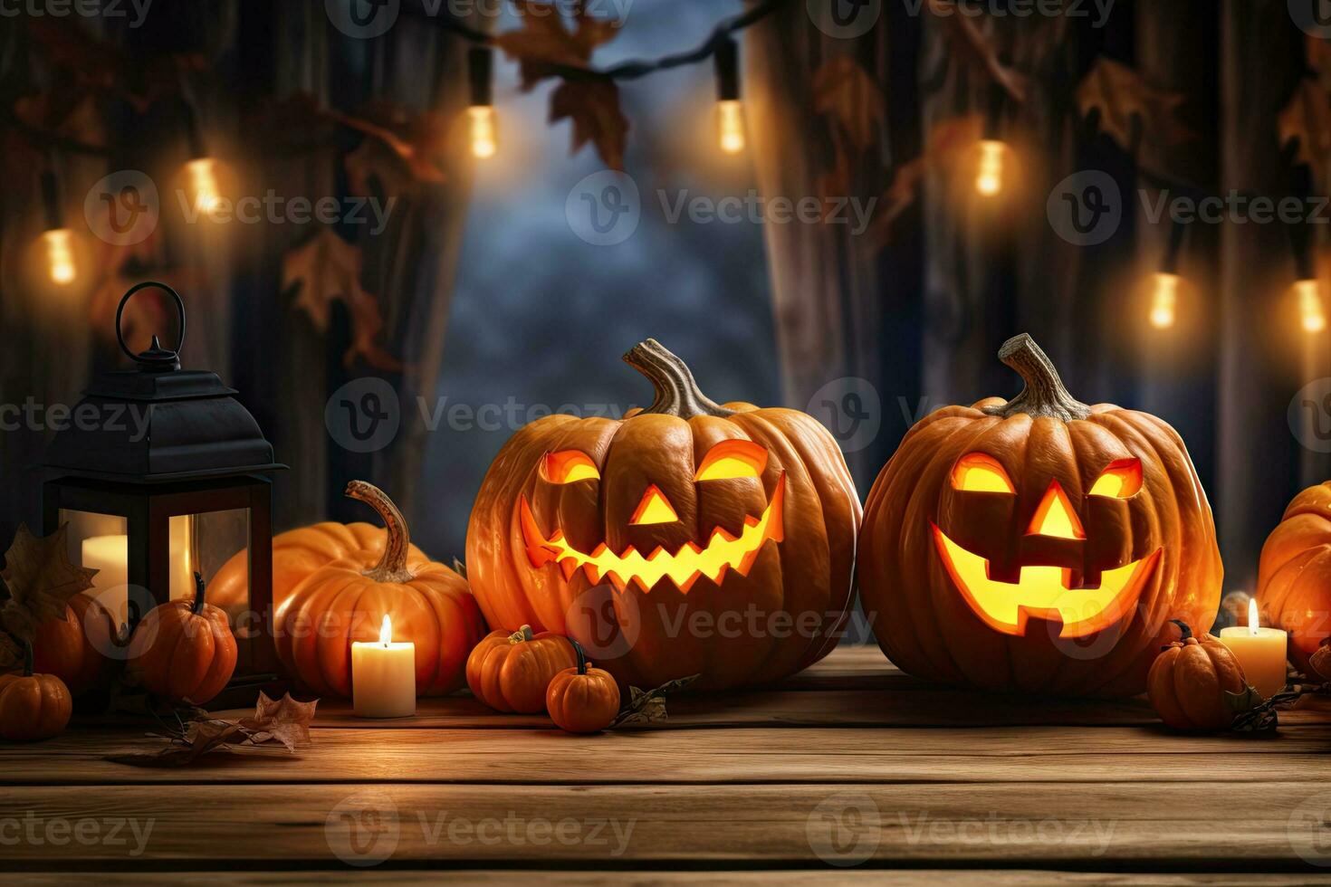 Generative AI, Halloween theme, Jack O' Lanterns with candles and string lights on wooden table in scary halloween night. photo