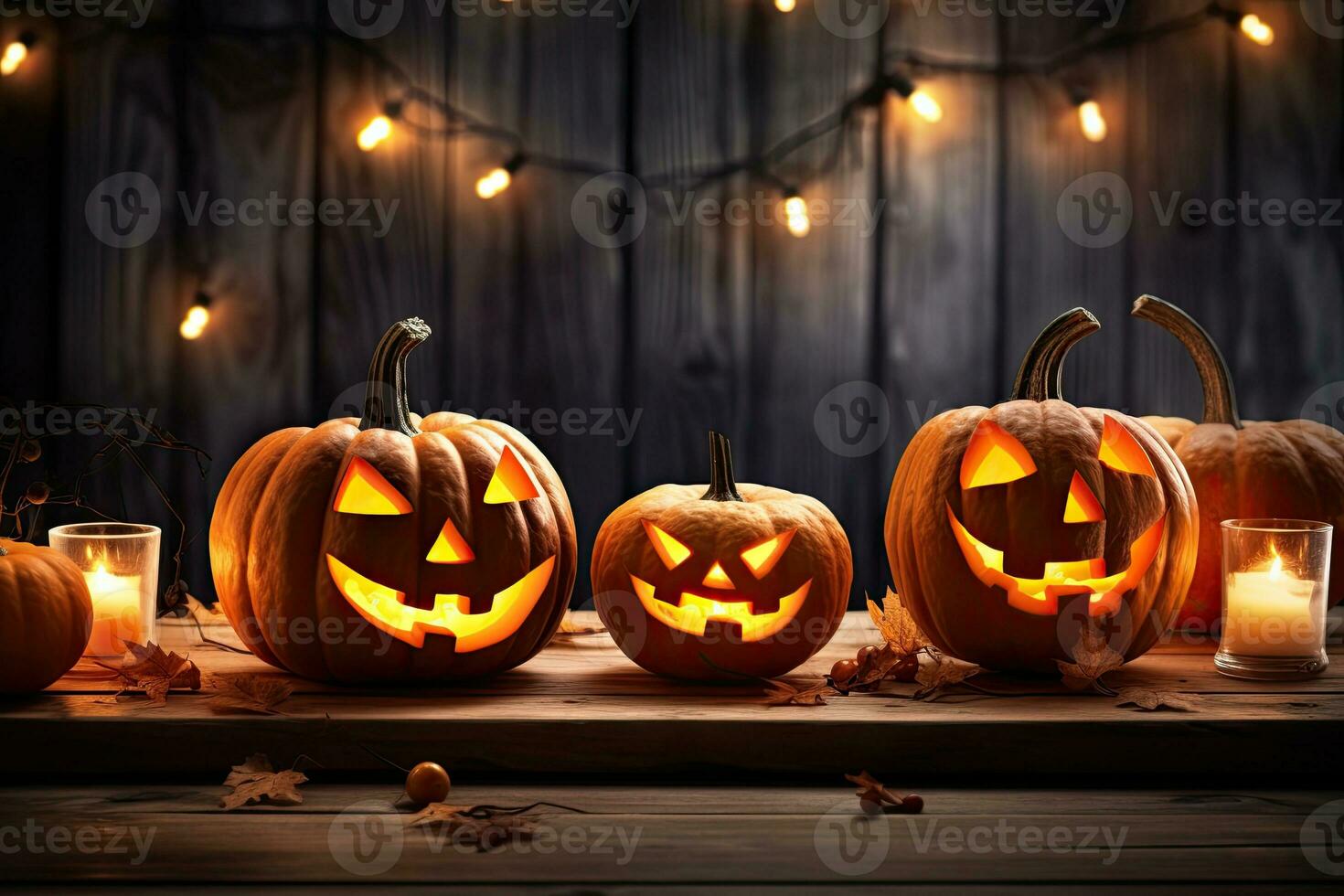 Generative AI, Halloween theme, Jack O' Lanterns with candles and string lights on wooden table in scary halloween night. photo