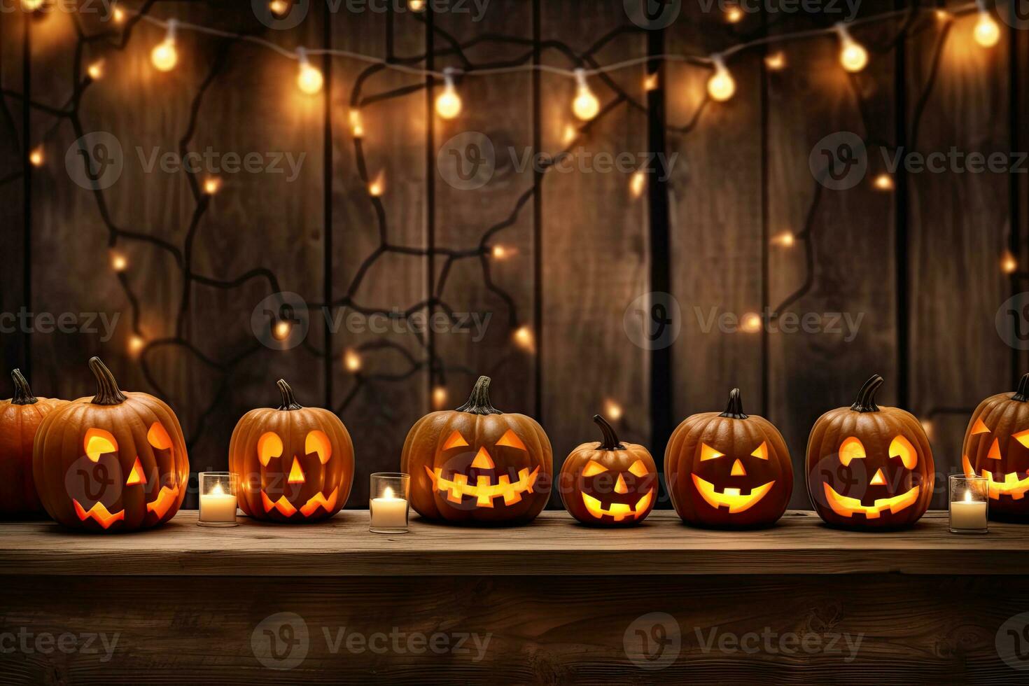 Generative AI, Halloween theme, Jack O' Lanterns with candles and string lights on wooden table in scary halloween night. photo