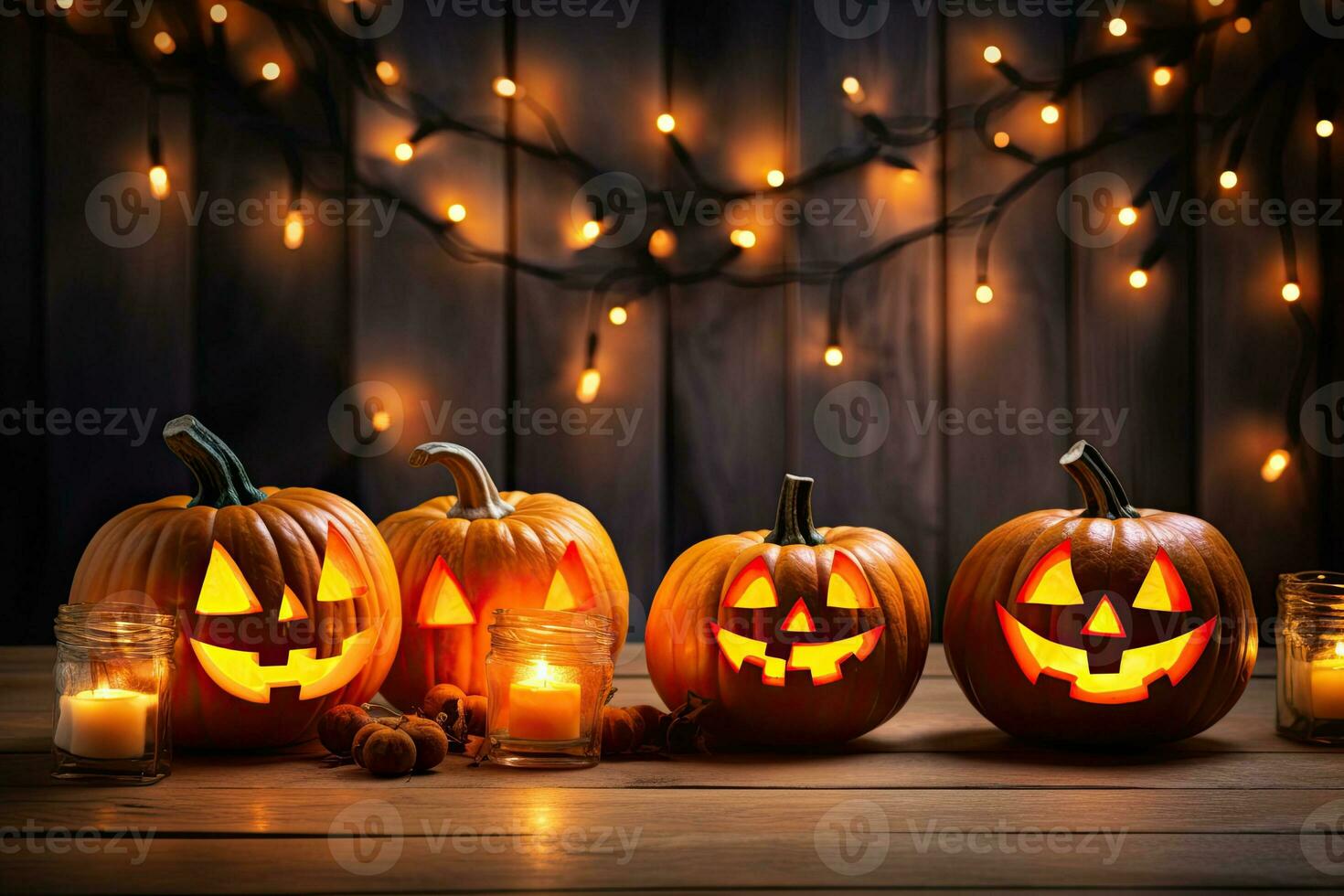 Generative AI, Halloween theme, Jack O' Lanterns with candles and string lights on wooden table in scary halloween night. photo