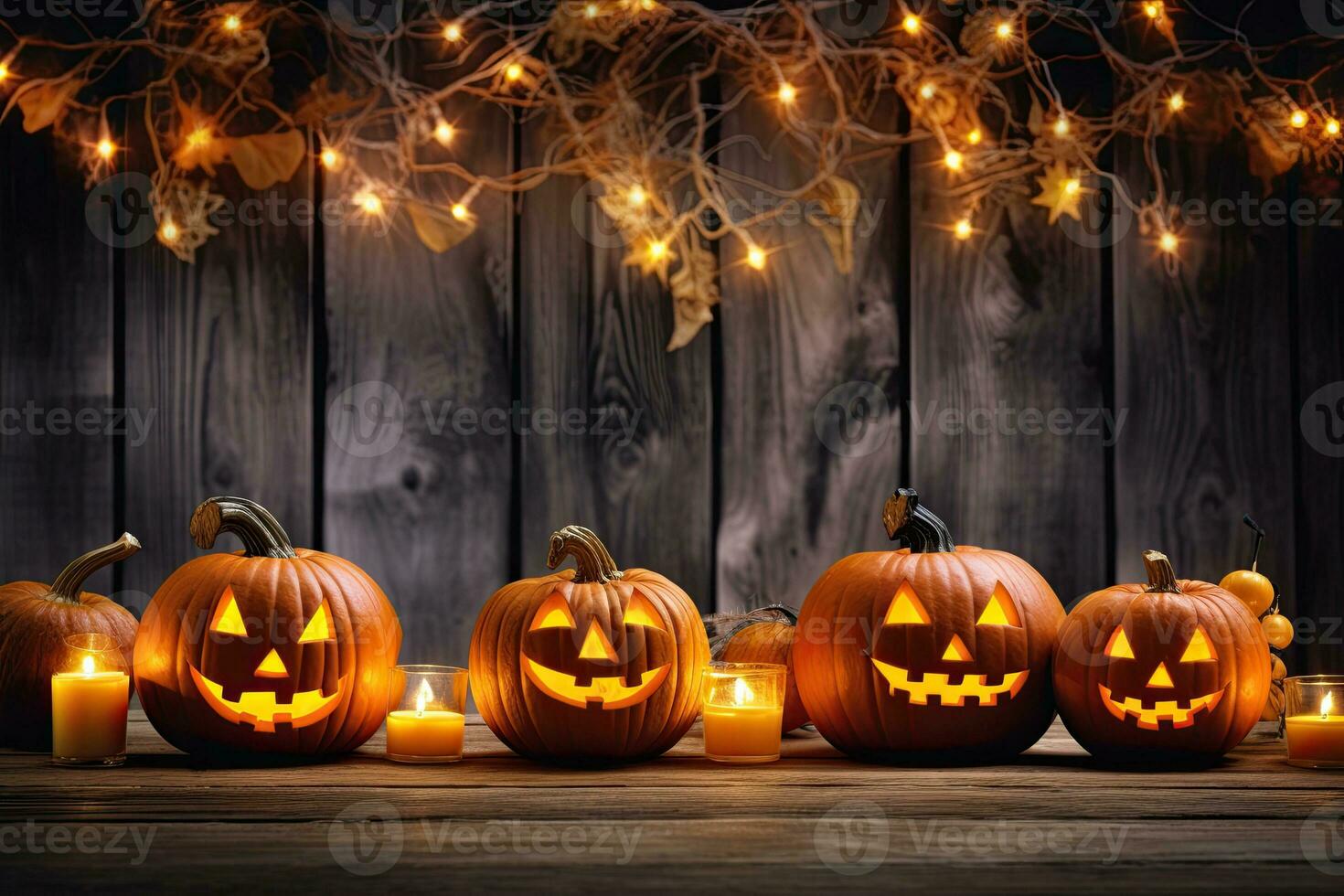 Generative AI, Halloween theme, Jack O' Lanterns with candles and string lights on wooden table in scary halloween night. photo