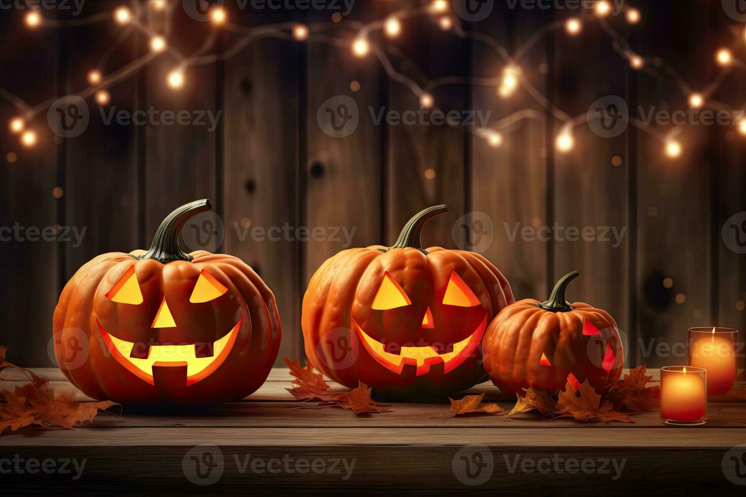Generative AI, Halloween theme, Jack O' Lanterns with candles and string lights on wooden table in scary halloween night. photo
