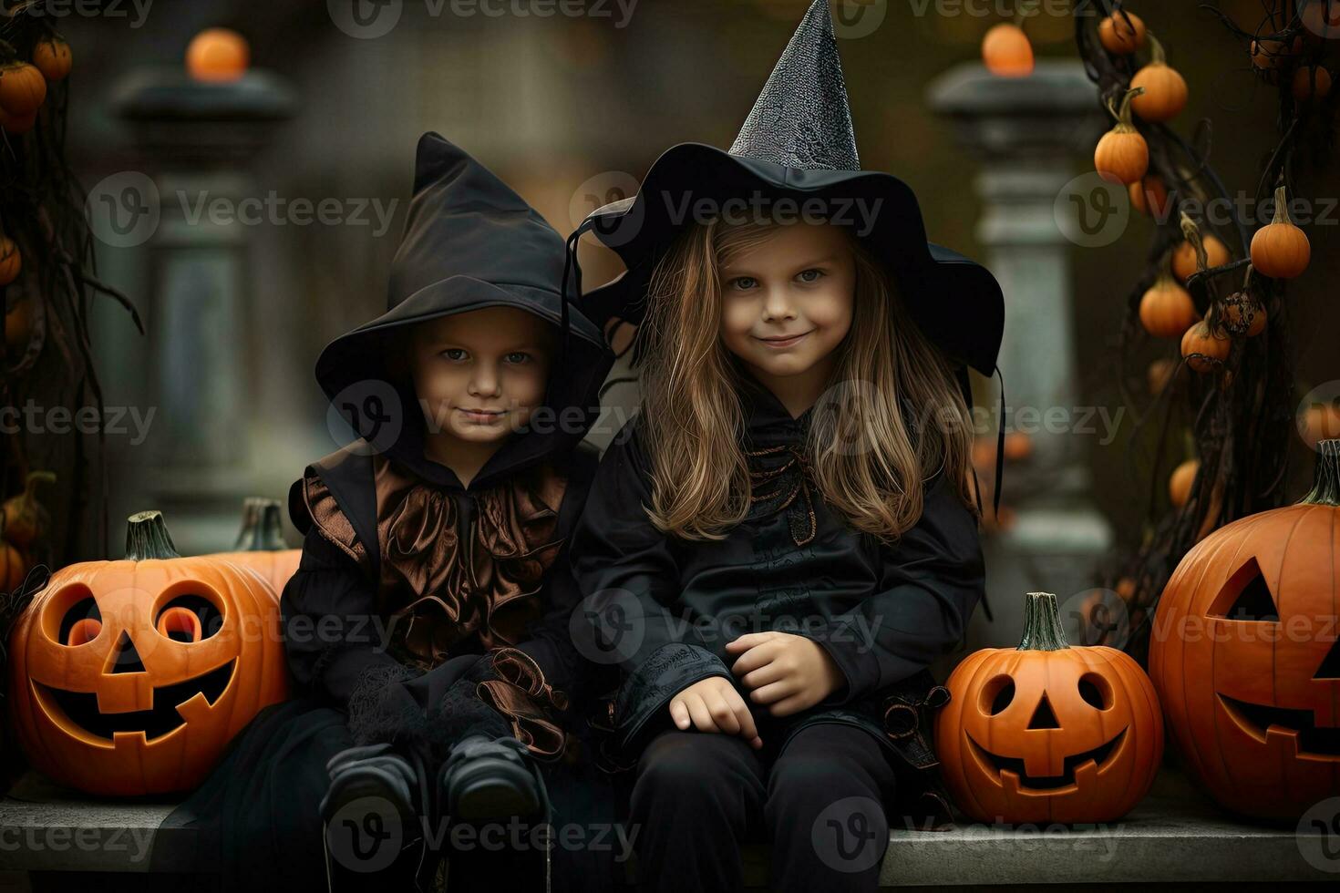 Generative AI, Halloween kids in costumes outdoor. Happy halloween card. Autumn holiday fun. Funny children party expression. photo