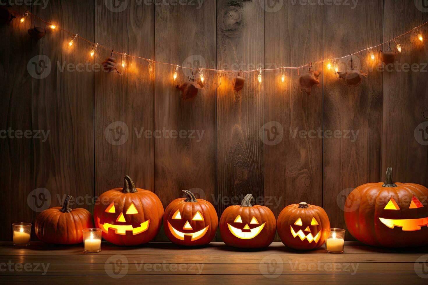 Generative AI, Halloween theme, Jack O' Lanterns with candles and string lights on wooden table in scary halloween night. photo