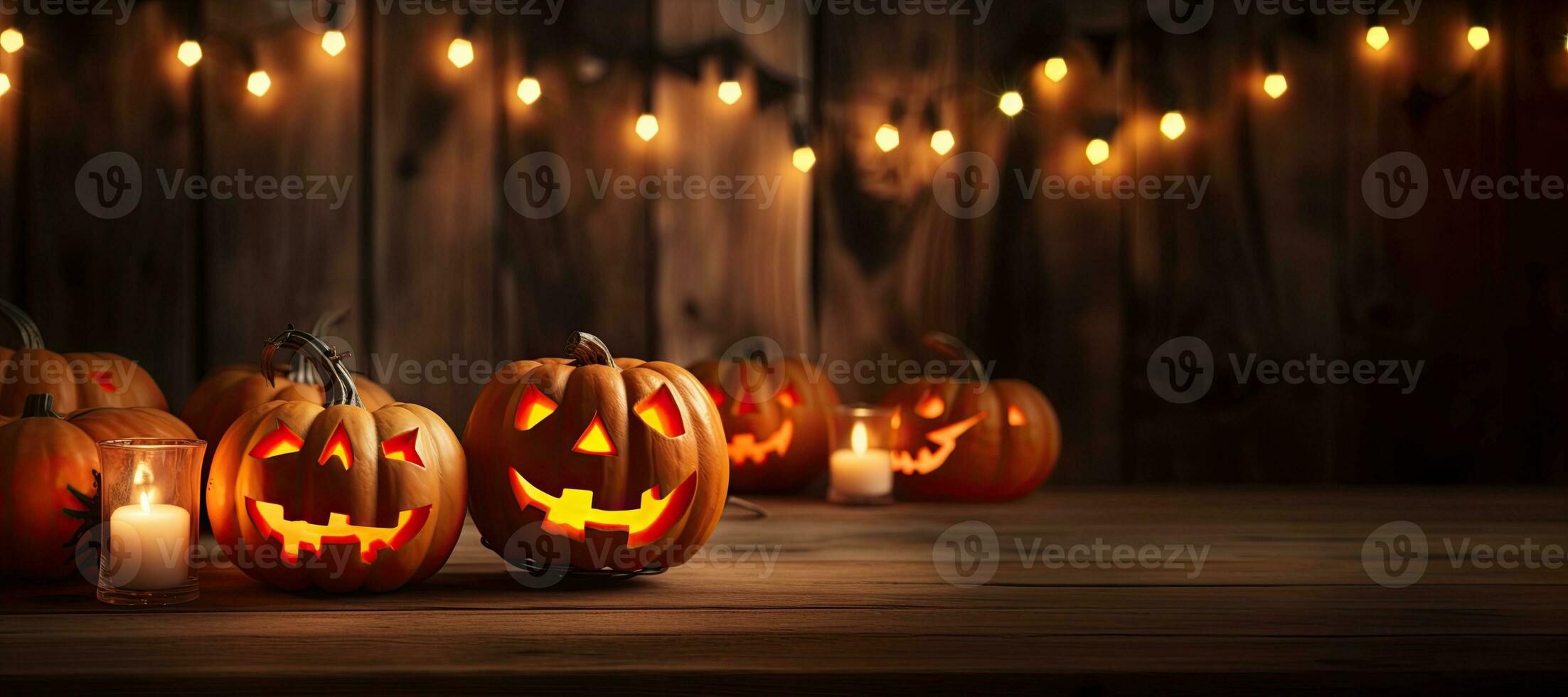 Generative AI, Halloween theme, Jack O' Lanterns with candles and string lights on wooden table in scary halloween night. photo