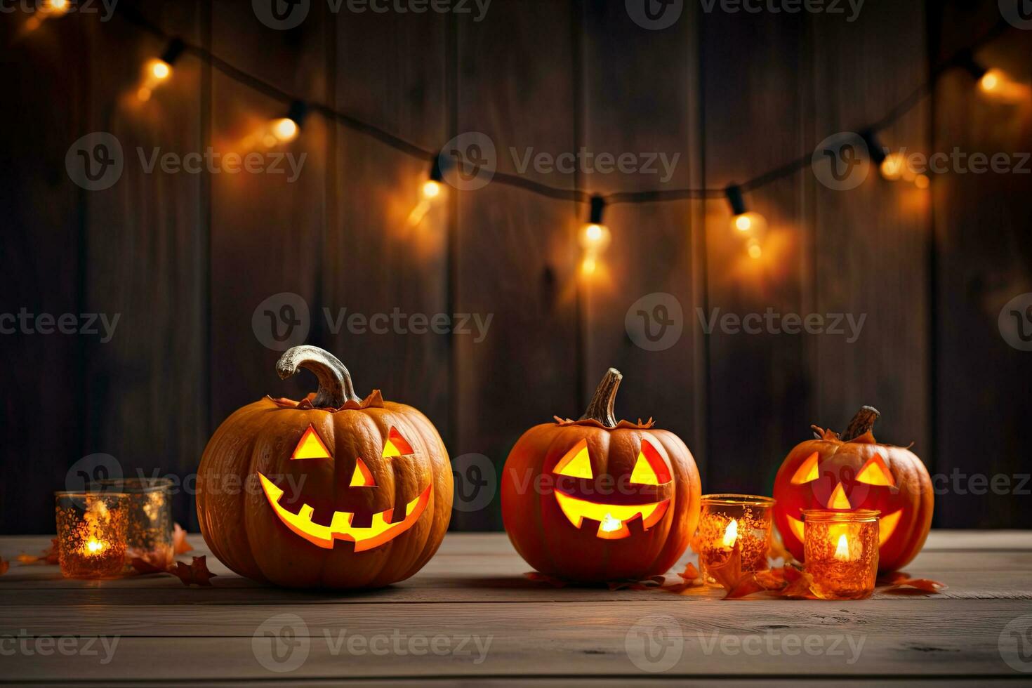 Generative AI, Halloween theme, Jack O' Lanterns with candles and string lights on wooden table in scary halloween night. photo