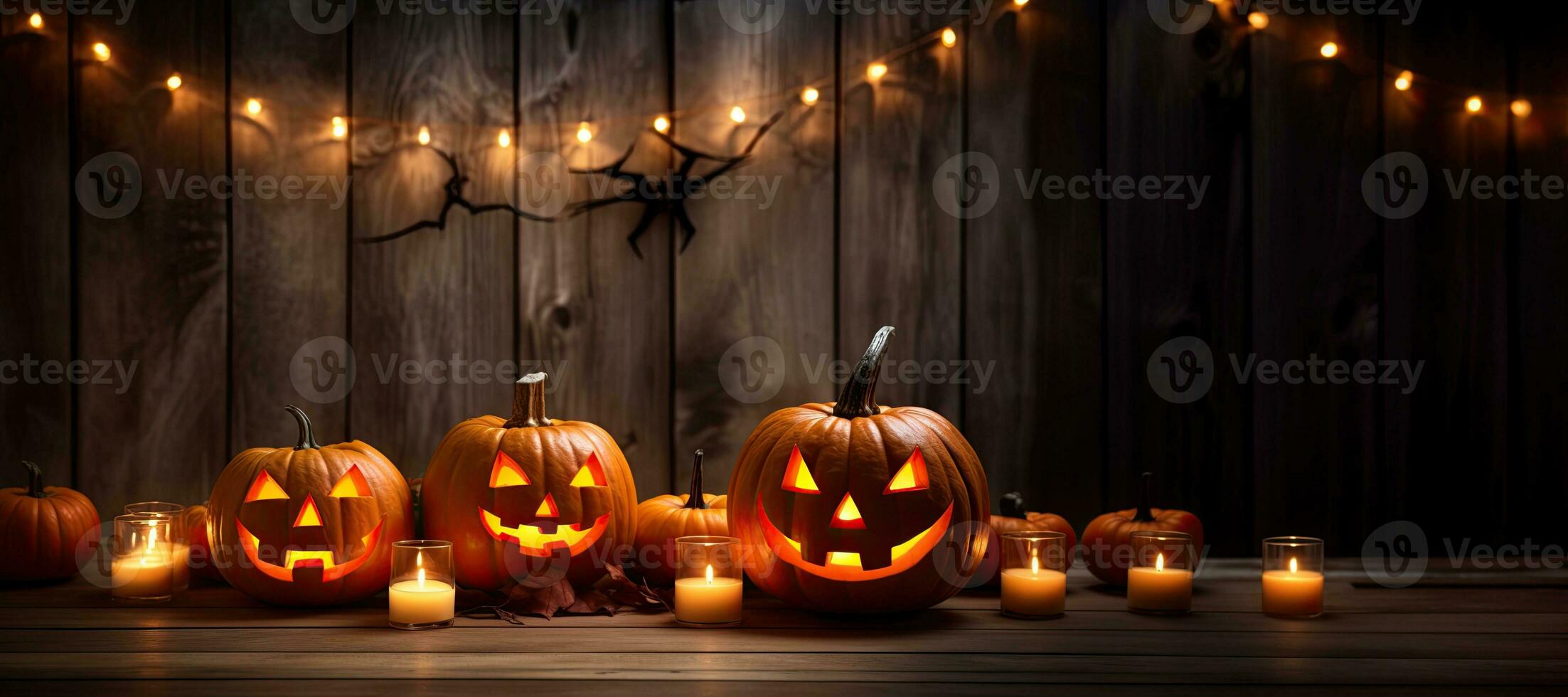 Generative AI, Halloween theme, Jack O' Lanterns with candles and string lights on wooden table in scary halloween night. photo