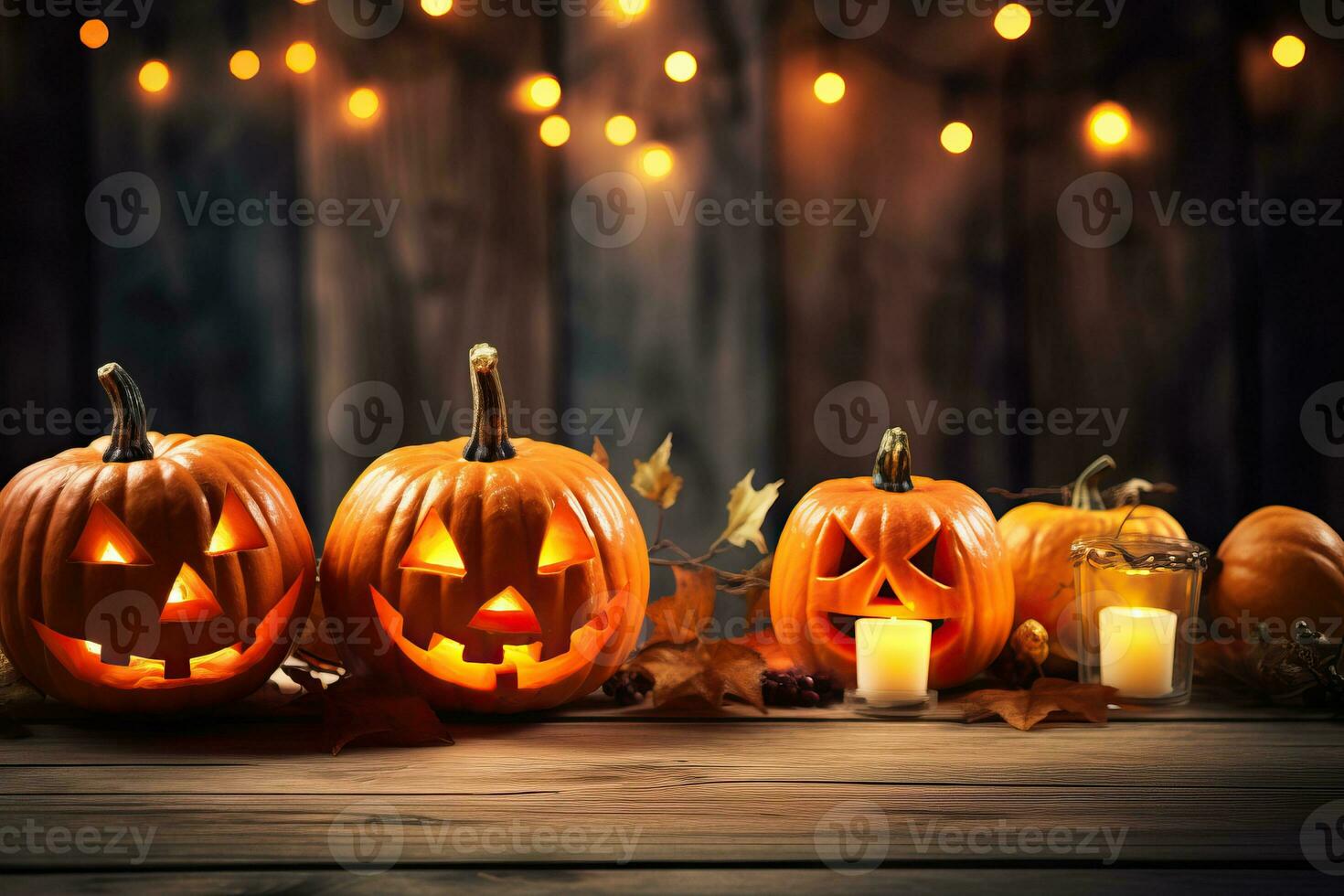 Generative AI, Halloween theme, Jack O' Lanterns with candles and string lights on wooden table in scary halloween night. photo