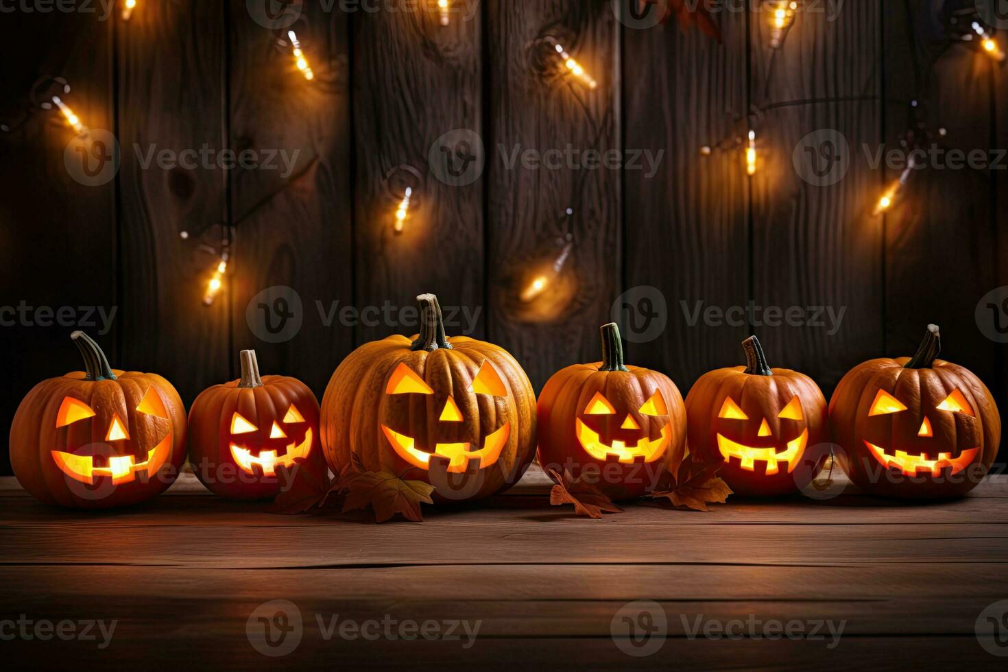 Generative AI, Halloween theme, Jack O' Lanterns with candles and string lights on wooden table in scary halloween night. photo