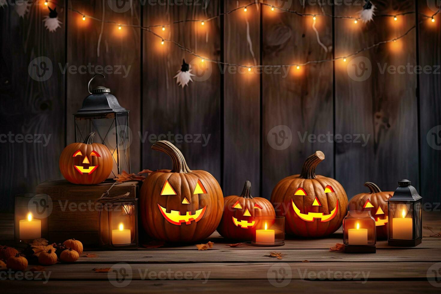 Generative AI, Halloween theme, Jack O' Lanterns with candles and string lights on wooden table in scary halloween night. photo