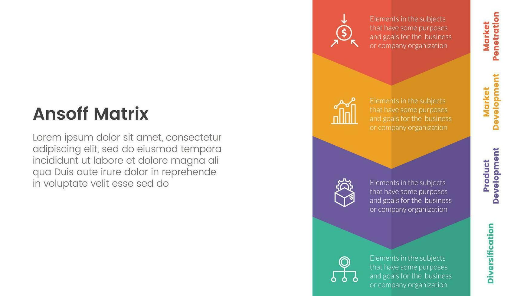 ansoff matriz marco de referencia crecimiento iniciativas concepto con grande vertical flecha a fondo dirección para infografía modelo bandera con cuatro punto lista información vector