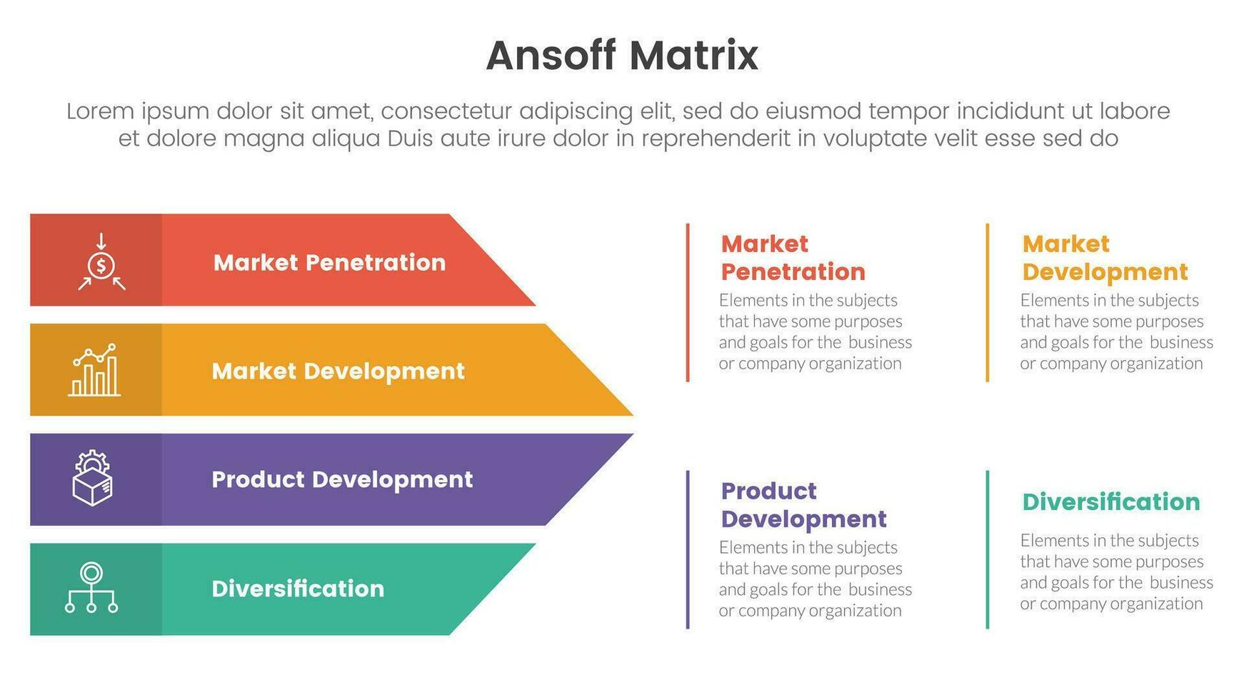 ansoff matrix framework growth initiatives concept with arrows shape combination for infographic template banner with four point list information vector