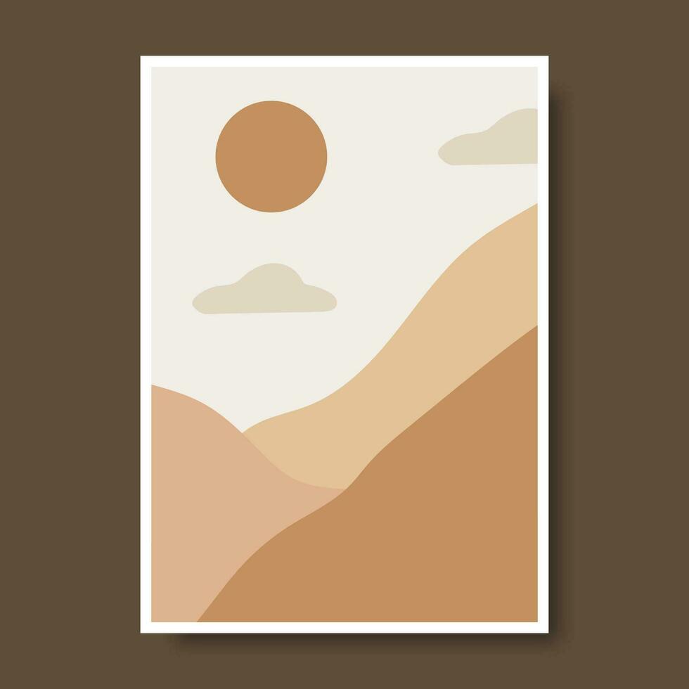 Posters with mountain landscape concept and pastel colors. Plant leaves, Great design for social media, prints, wall decoration. Vector illustration