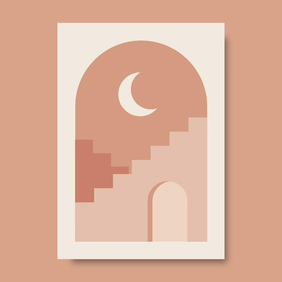 Trendy aesthetic geometric architectural, moroccan stairs, walls, doors. Vector poster for wall decoration in vintage style