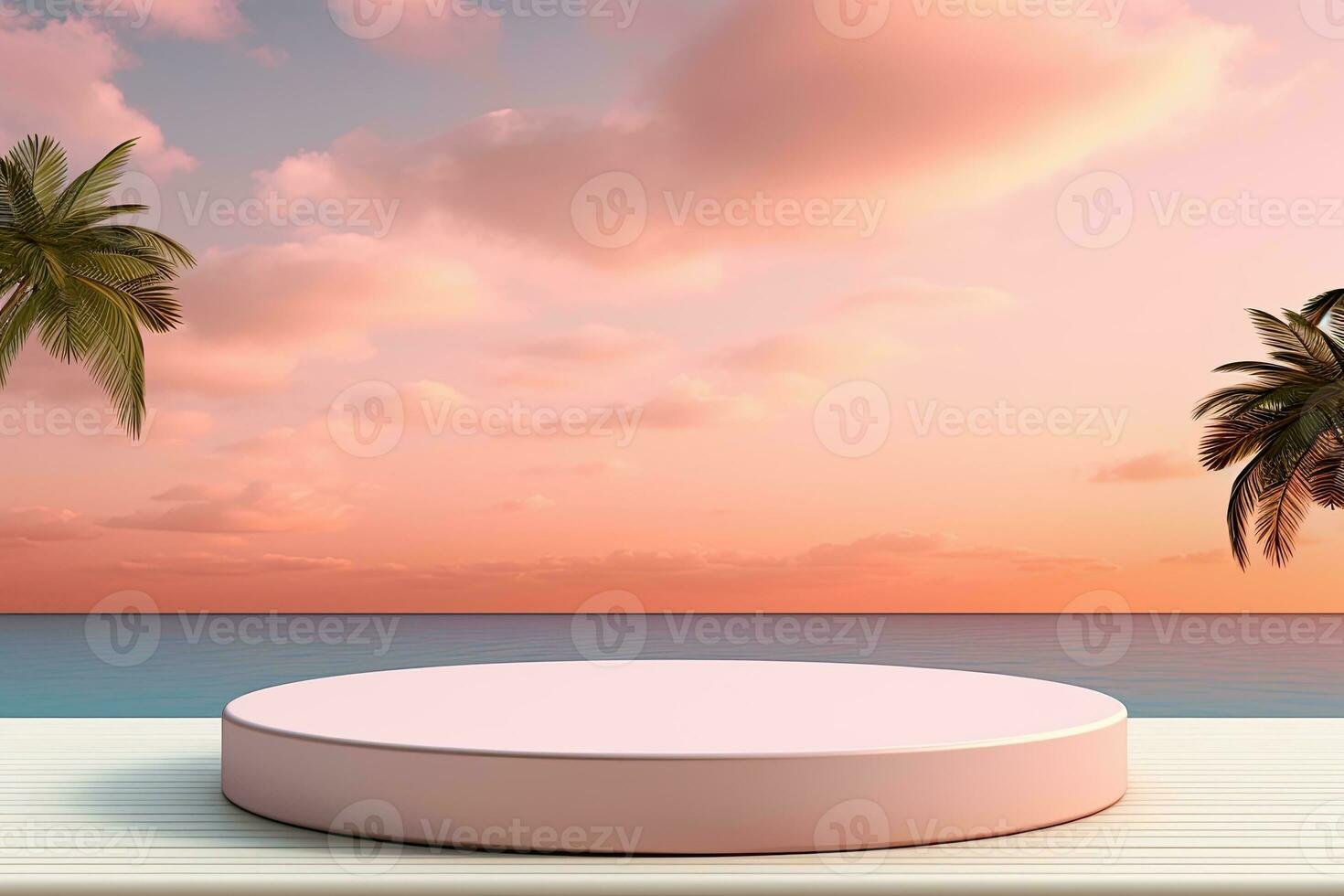 Generative AI, 3D display podium pastel, on palm beach abstract background. Spring and summer, nature minimal pedestal. photo