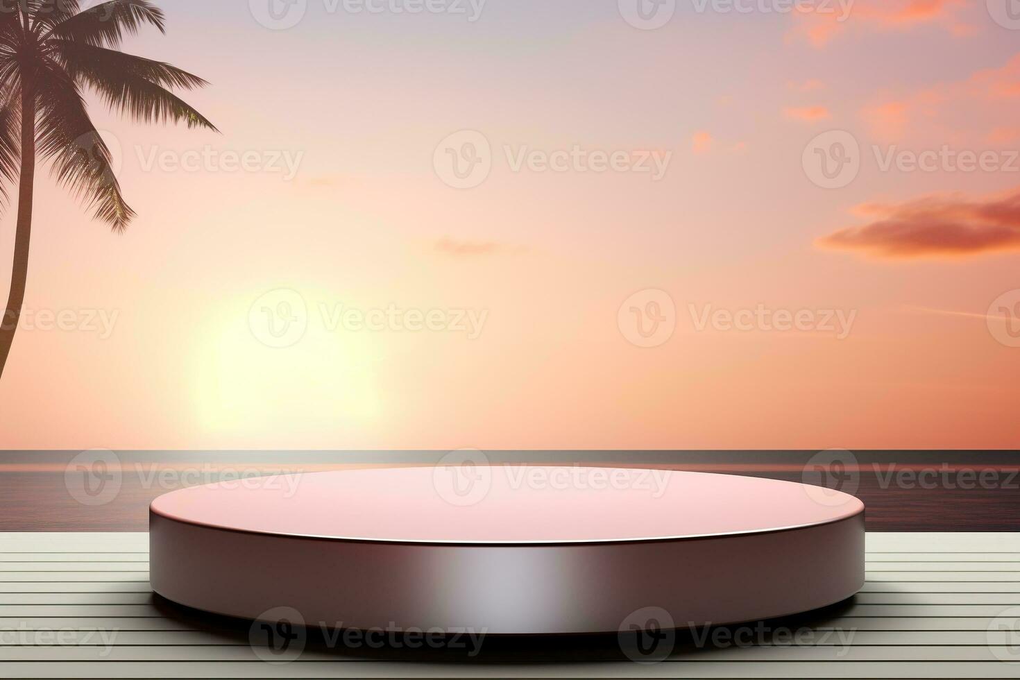 Generative AI, 3D display podium pastel, on palm beach abstract background. Spring and summer, nature minimal pedestal. photo