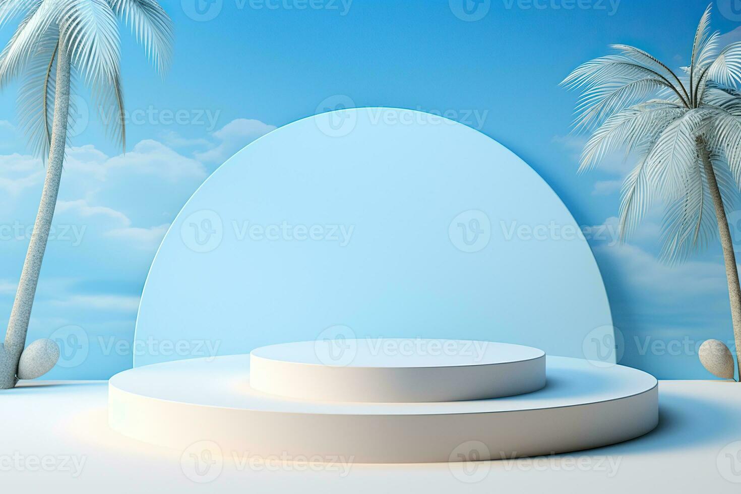 Generative AI, 3D display podium pastel, on palm beach abstract background. Spring and summer, nature minimal pedestal. photo