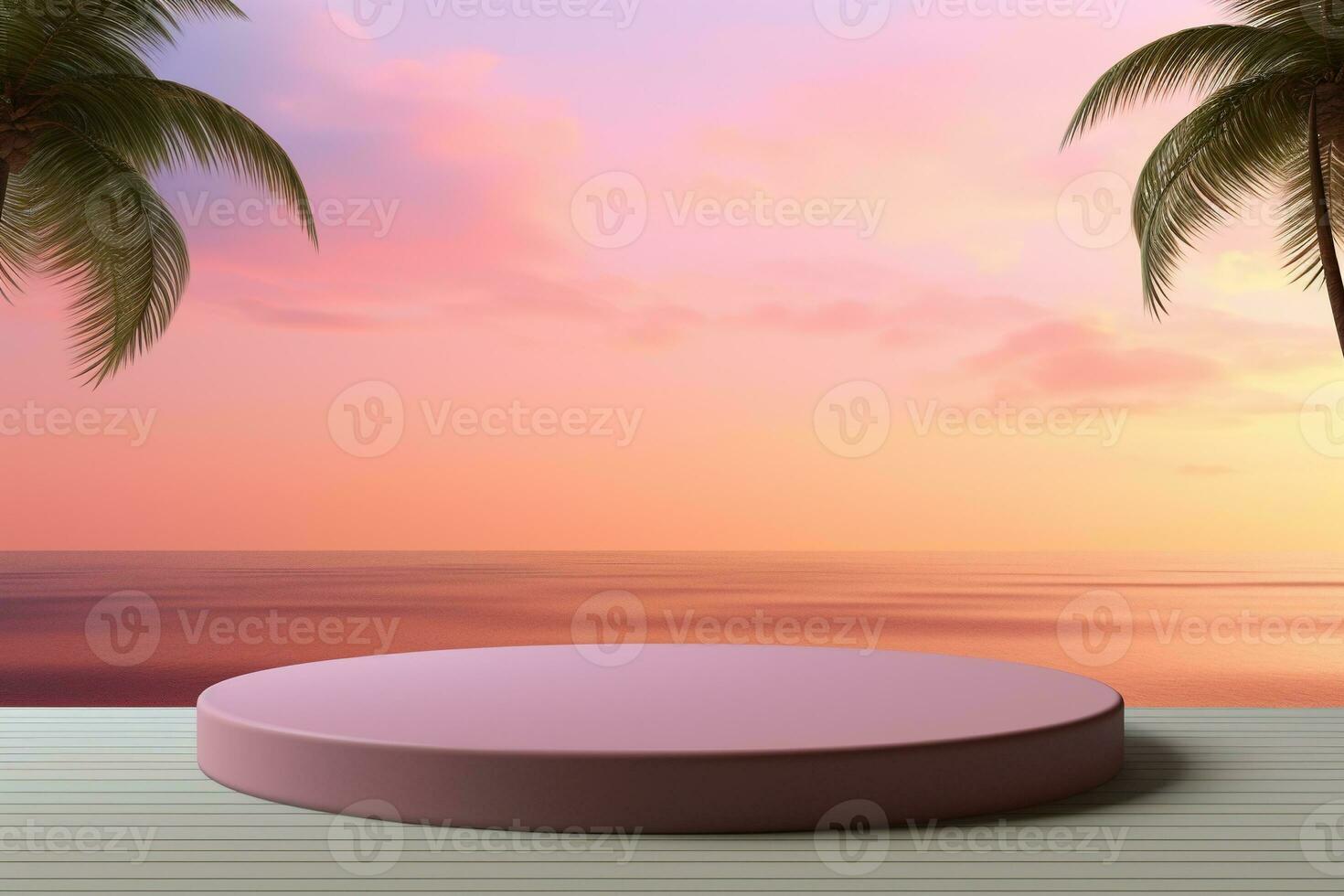 Generative AI, 3D display podium pastel, on palm beach abstract background. Spring and summer, nature minimal pedestal. photo