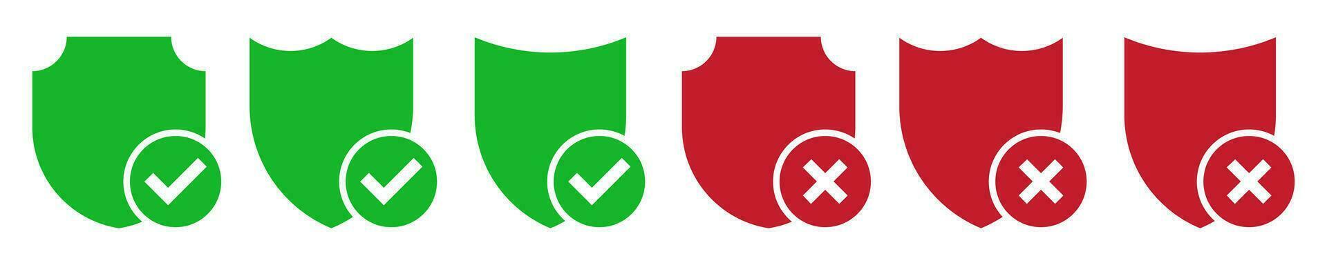 Icon shield green check mark and red cross. vector