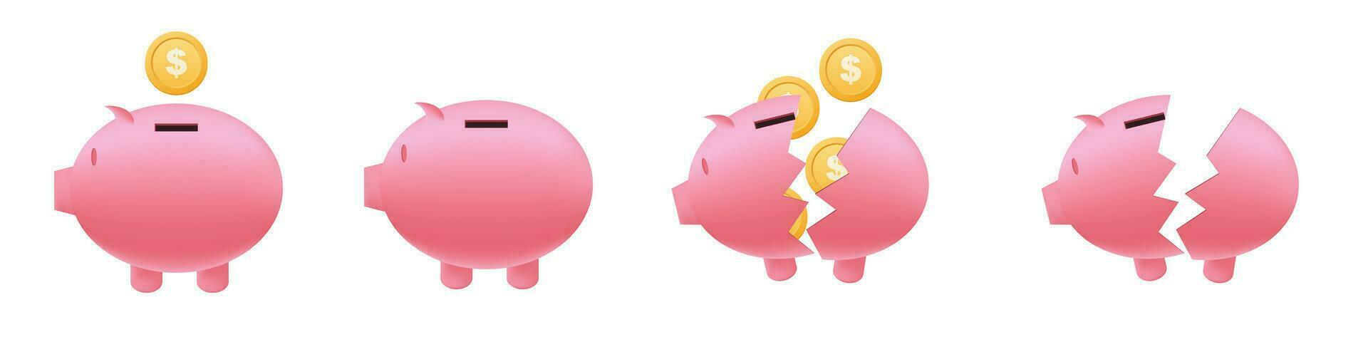 Money box with coins. 3d pig bank vector