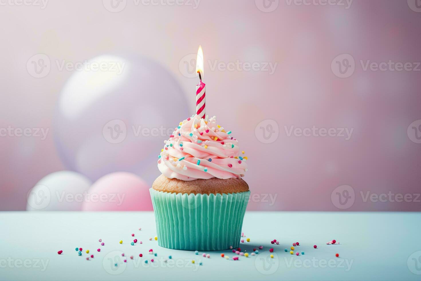 Generative AI, a cupcakes in a colorful frosting, beeper, sparkle core, pink, blue, pastel color, party and birthday, magical with bokeh background photo