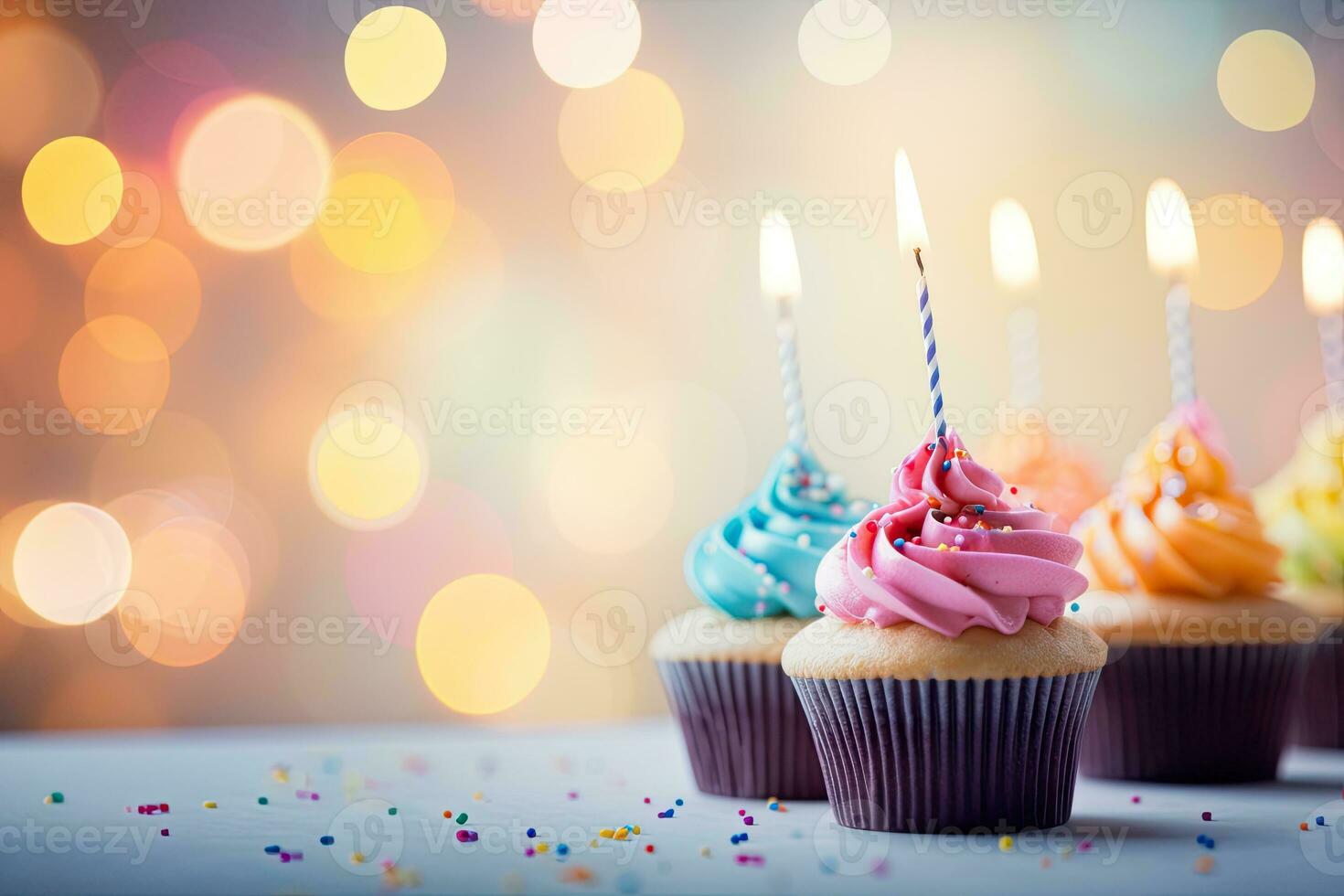 Generative AI, a cupcakes in a colorful frosting, beeper, sparkle core, pink, blue, pastel color, party and birthday, magical with bokeh background photo