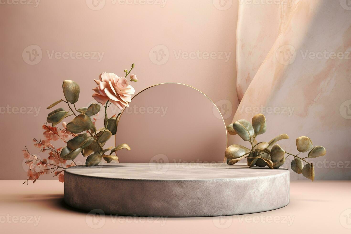 Generative AI, a exotic stone podium with leaf shade and golden rose in beige color for product display nature, empty display showroom photo