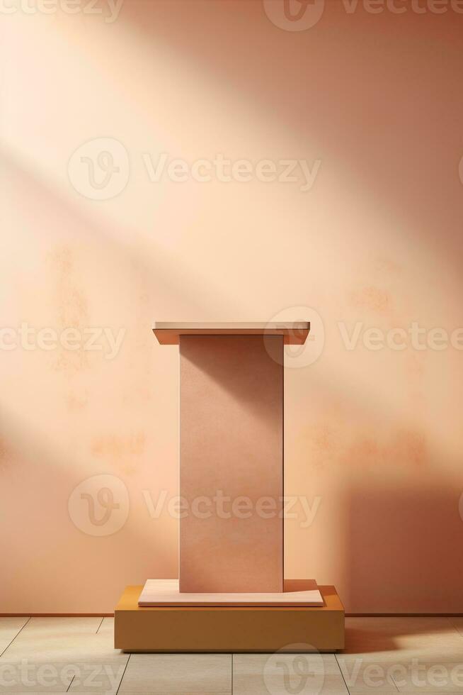 Generative AI, a empty podium with leaf shade and geometry in beige color for product display, empty display showroom photo