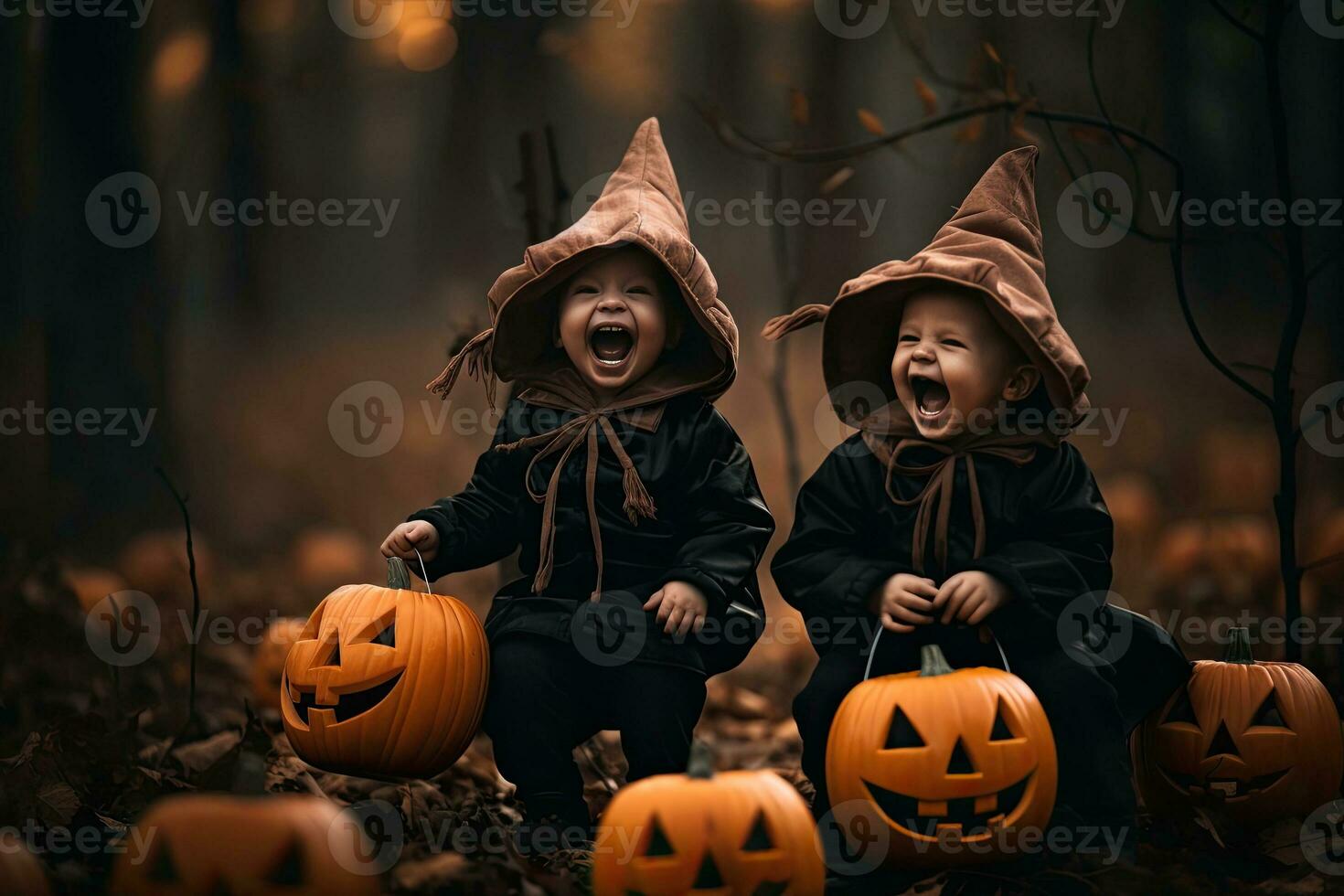 Generative AI, Halloween kids in costumes outdoor. Happy halloween card. Autumn holiday fun. Funny children party expression. photo