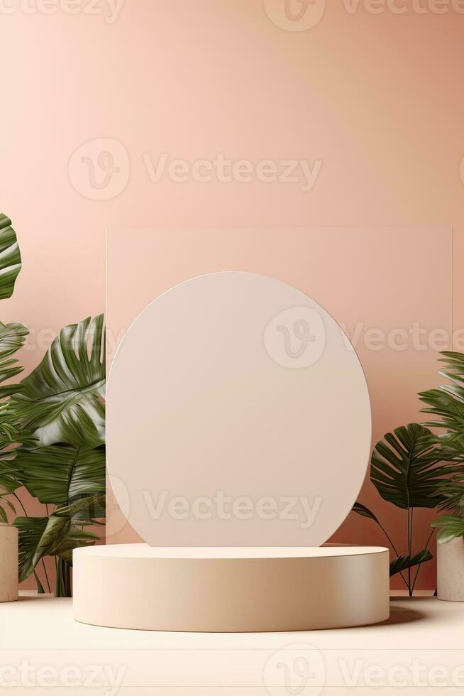 Generative AI, a empty podium with leaf shade and geometry in beige color for product display, empty display showroom photo