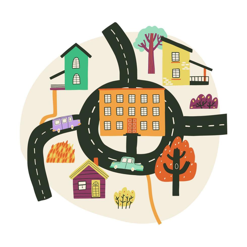 Map with school and school bus, houses and cars. Fall, learning, back to school. Vector illustration in flat style.