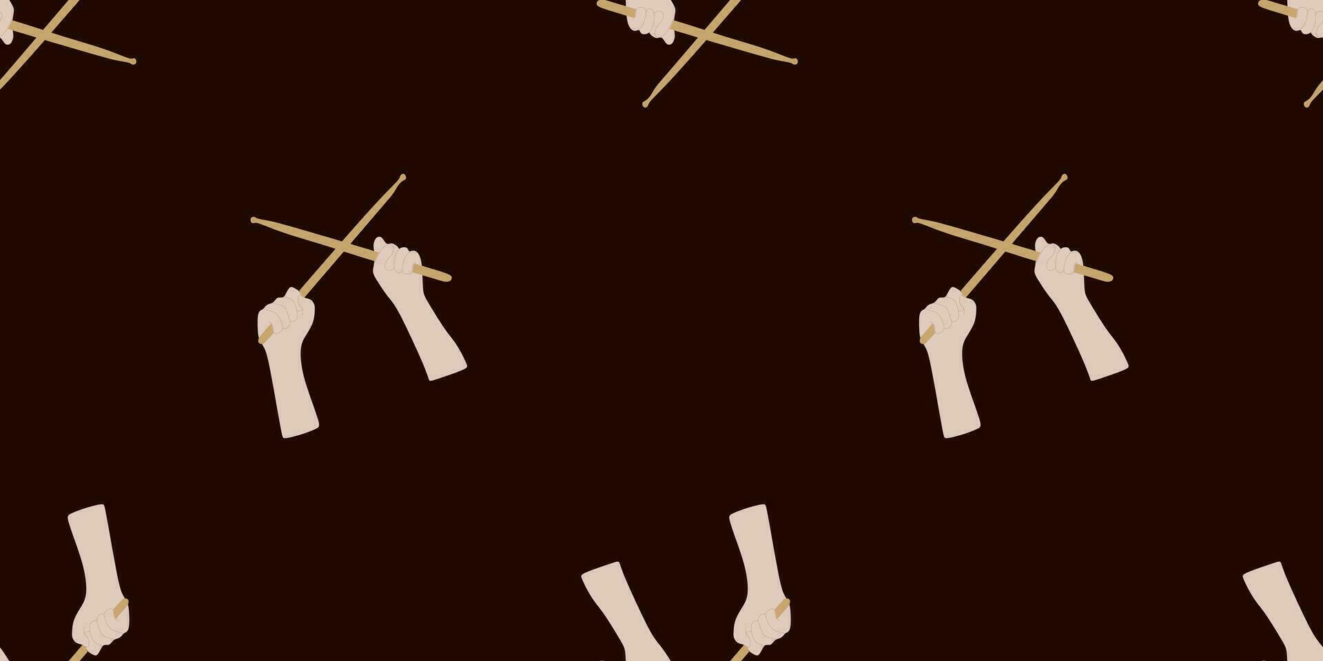Drumsticks in hands Seamless Pattern, Musical Instrument Vector Art Illustration. Template with Crossed Drum sticks on dark background. Flat style backdrop for Wrapping paper, Banner, Card, Poster