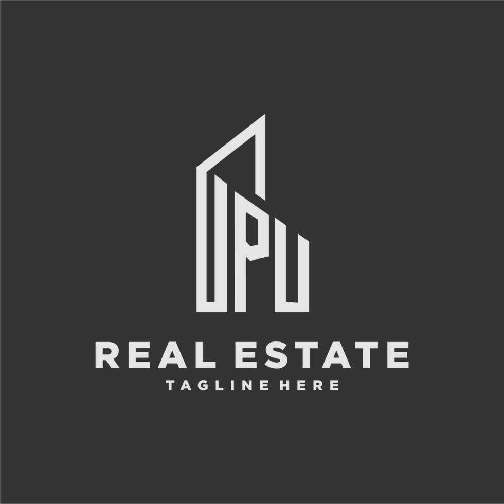 PU initial monogram logo for real estate with building style vector