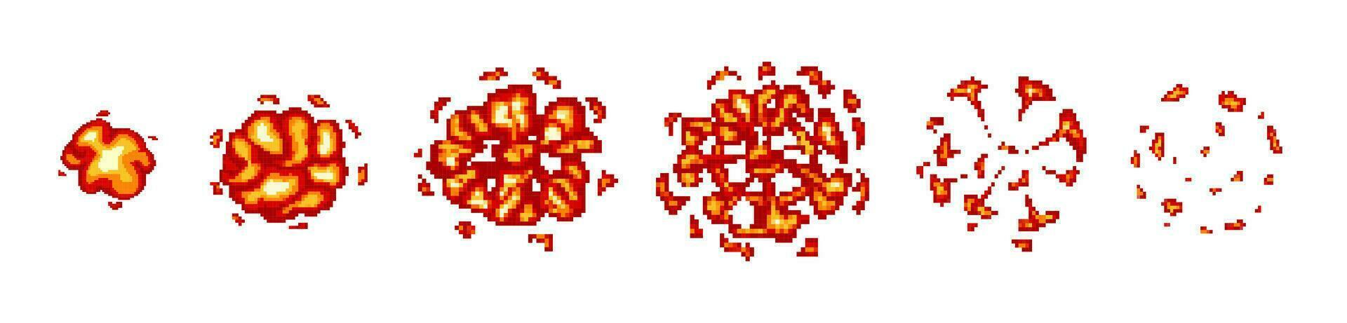 8 bit game pixel explosion animation. Retro game explosion vector