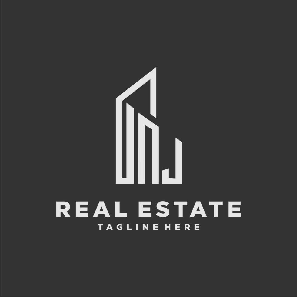 NJ initial monogram logo for real estate with building style vector