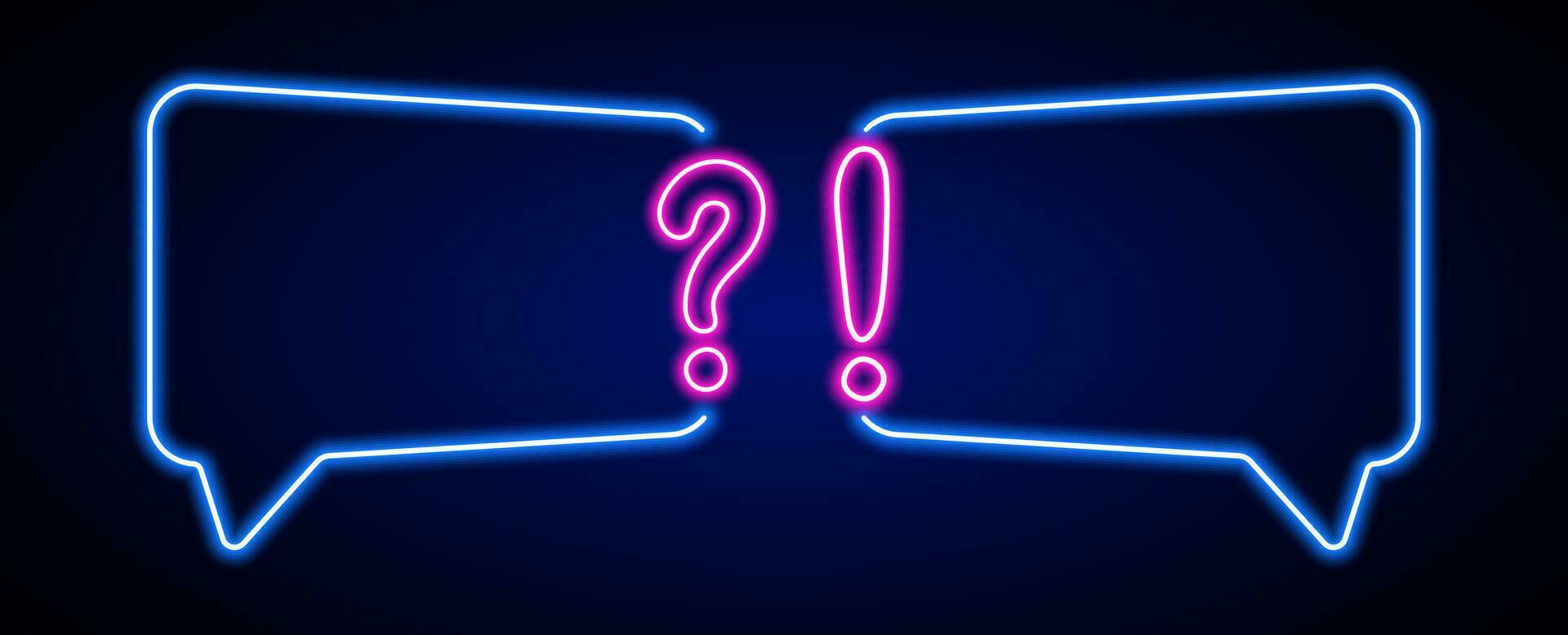 Neon quiz frame with question and exclamation. Faq question answer template vector