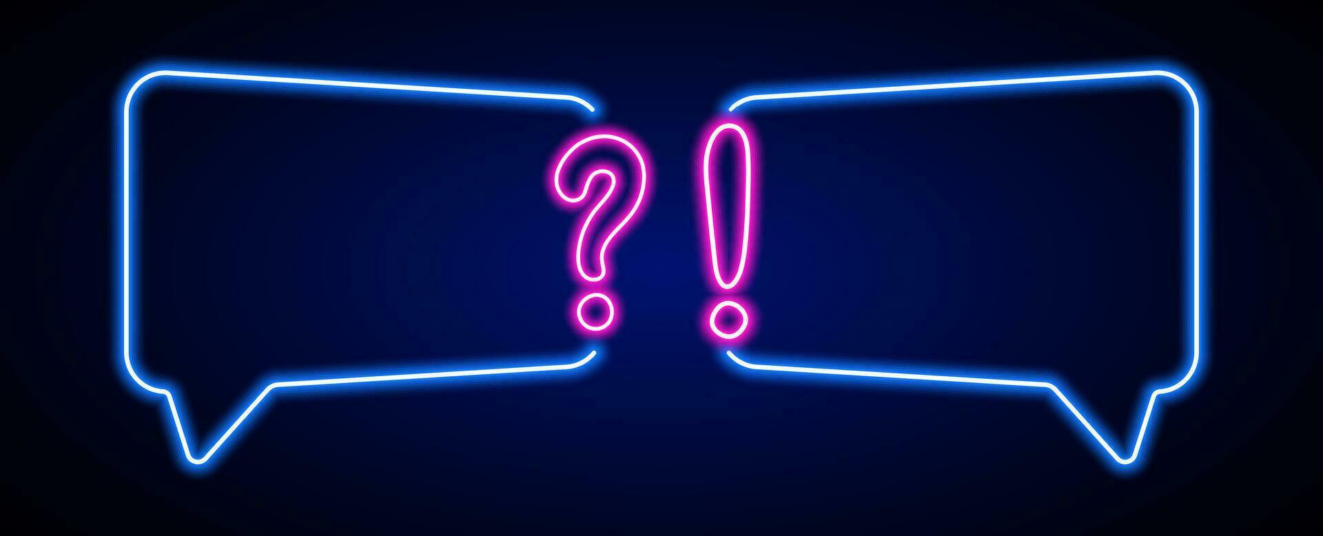 Neon quiz frame with question and exclamation. Faq question answer template vector