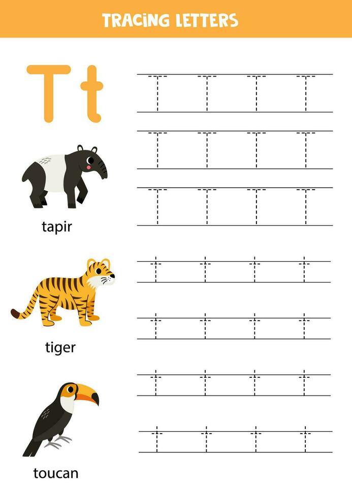 Tracing alphabet letters for kids. Animal alphabet. Letter T is for tapir tiger toucan. vector