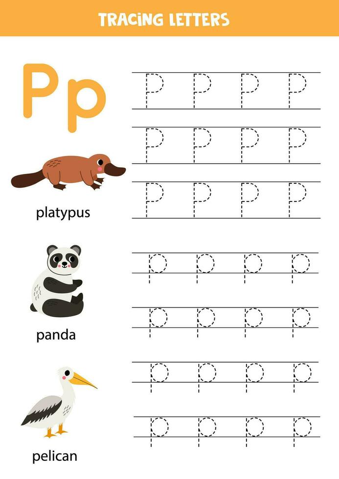 Tracing alphabet letters for kids. Animal alphabet. Letter P is for platypus panda pelican. vector